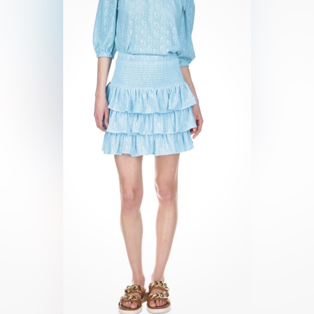 Michael Kors Preppy Tiered Eyelet Ruffle Pull-On Mini Skirt Turquoise Size M